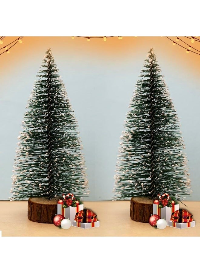 Mini Snowy Crystal Pine Christmas Tree with Wooden Base – Set of 2 – 15 cm Home & Corporate Holiday Decor